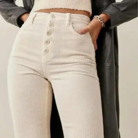 Reformation 100% Cotton Cream Cynthia High Rise Corduroy Straight Pants Size 23